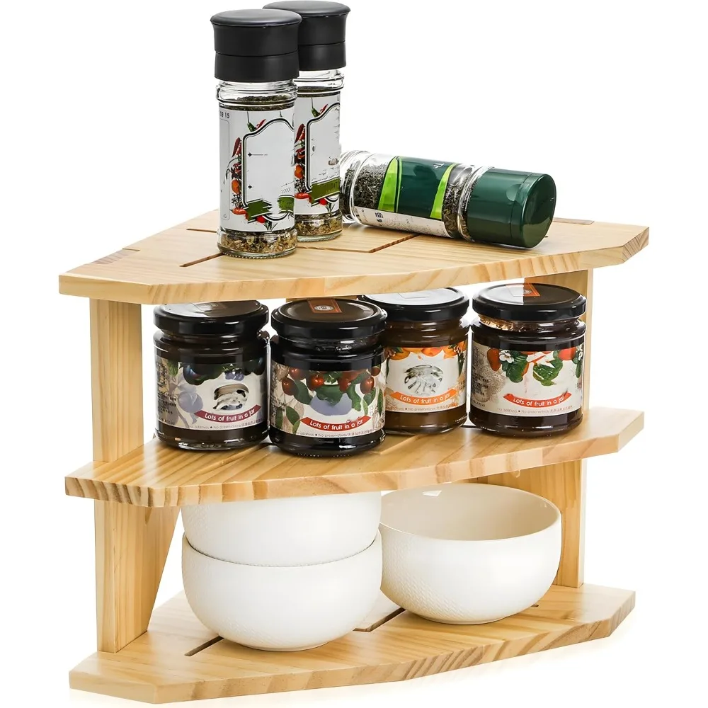 

3-х уровневая деревянная угловая полка Goaste, органайзер для хранения кухонной столешницы, шкафные миски и полка для специй, компактная стойка-органайзер