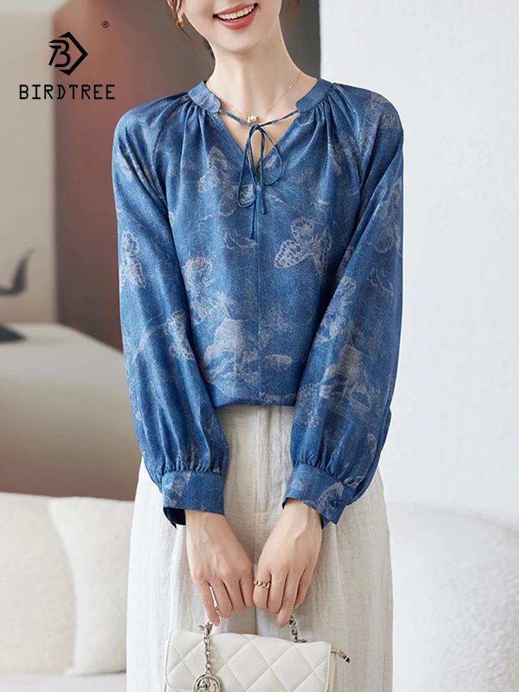 BirdTree-100%Mulberry Silk Elegant Shirt, Women Long Sleeve Butterfly, Fashion Loose Mom Versatile Blouse, 2025 Spring T4D438CC