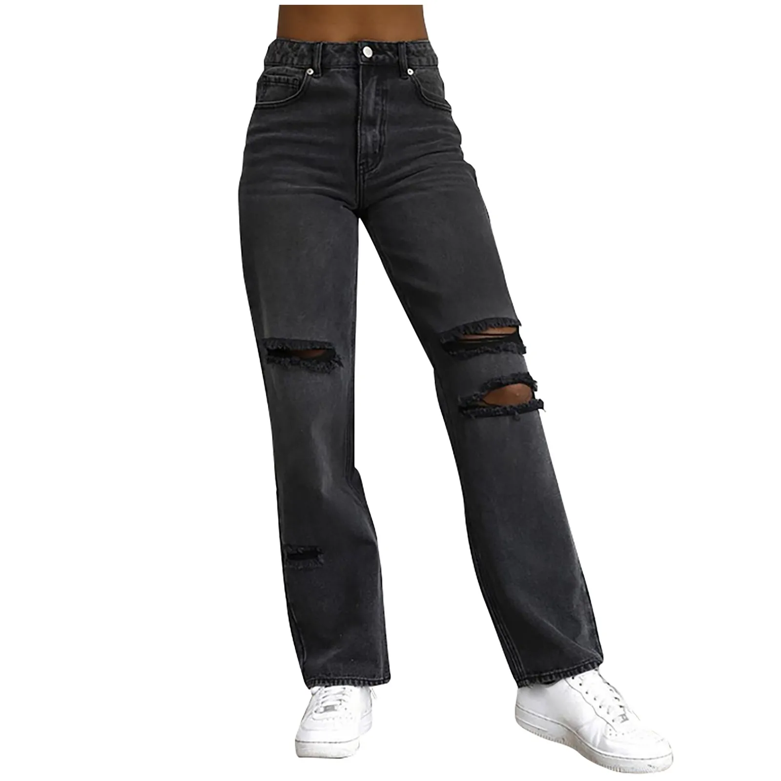 

Denim Jeans Hole Flares Ankle Length Mid Waist Women Trousers Solid Color Fashion Plus Size Pants Ripped Pants Streetwear Summer