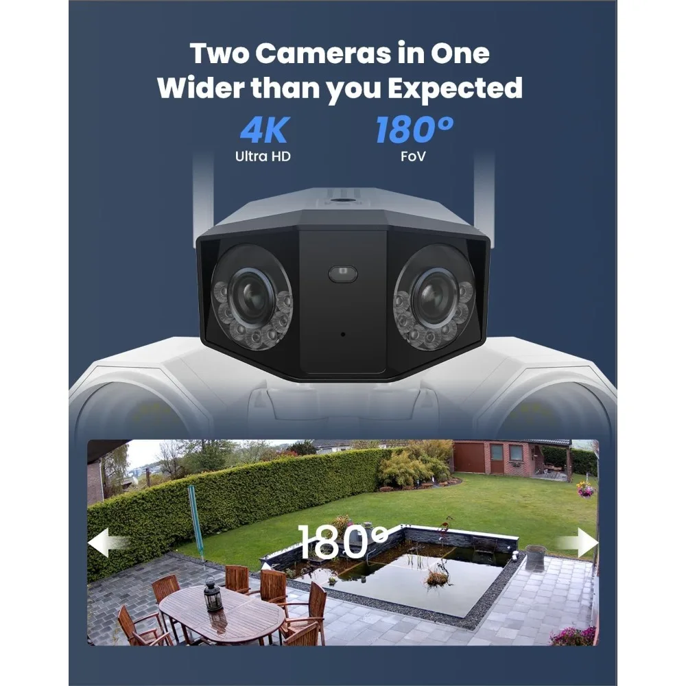 كاميرا مراقبة كاشفة 4K خارجية، 5 جيجا/2.4 جيجا هرتز واي فاي 6، كاميرا مزدوجة العدسة مع 180 °   فوف، رؤية ليلية ملونة، كشف الذكاء الاصطناعي الذكي،