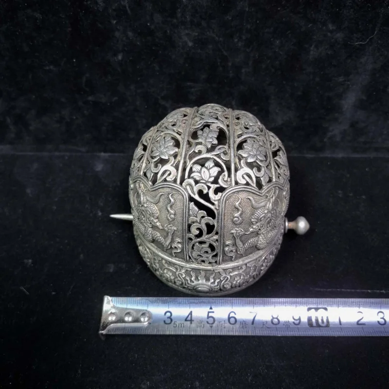 Antique Craft Patina Official Hat Copper Silver Plated Chinese Style Ornament Double Dragon Relief Hollow Craft Ornament