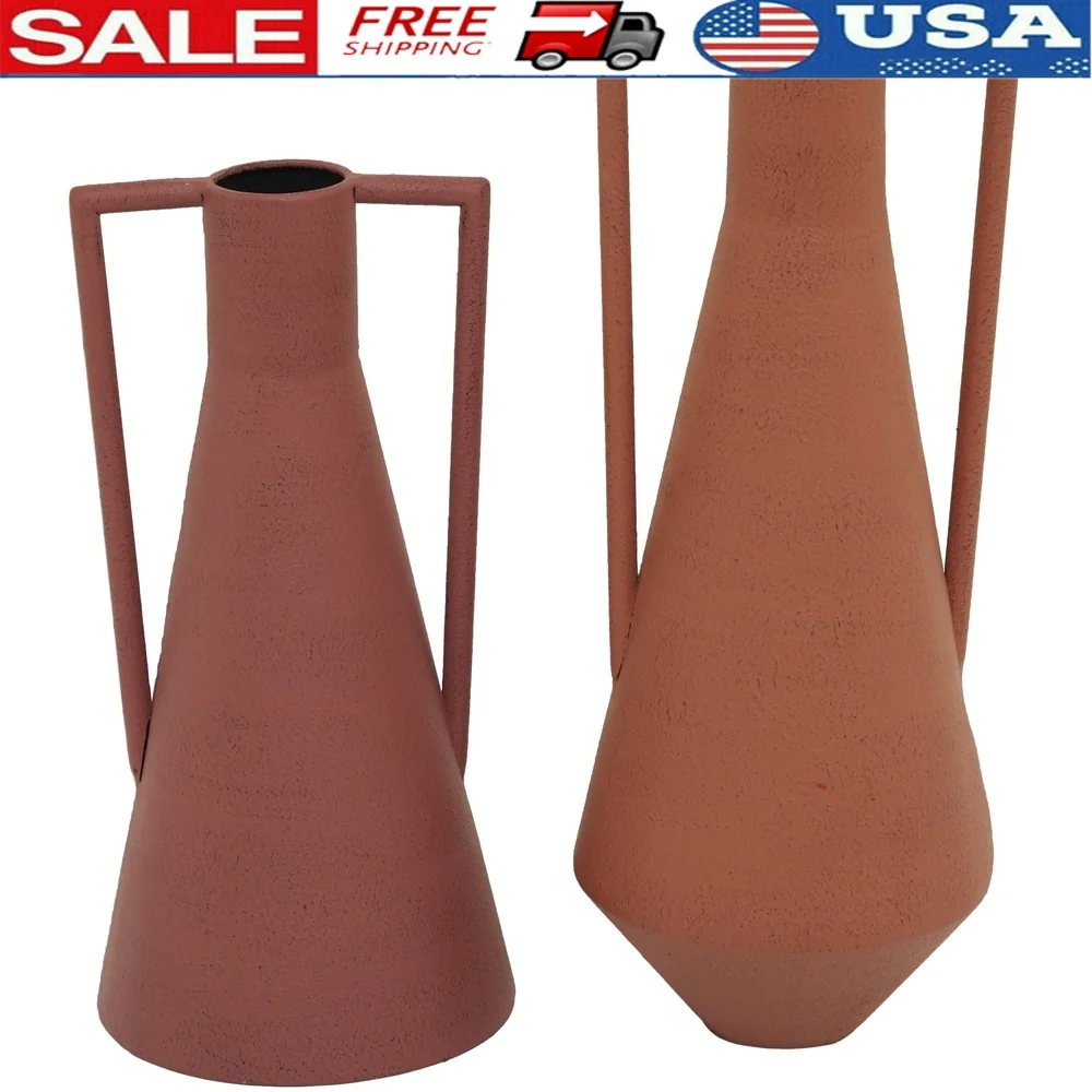 

Metal Vase Set of 2 Modern Orange Decorative Vases with Handles Indoor Tabletop Flower Holders Minimalist Design Rust Finish