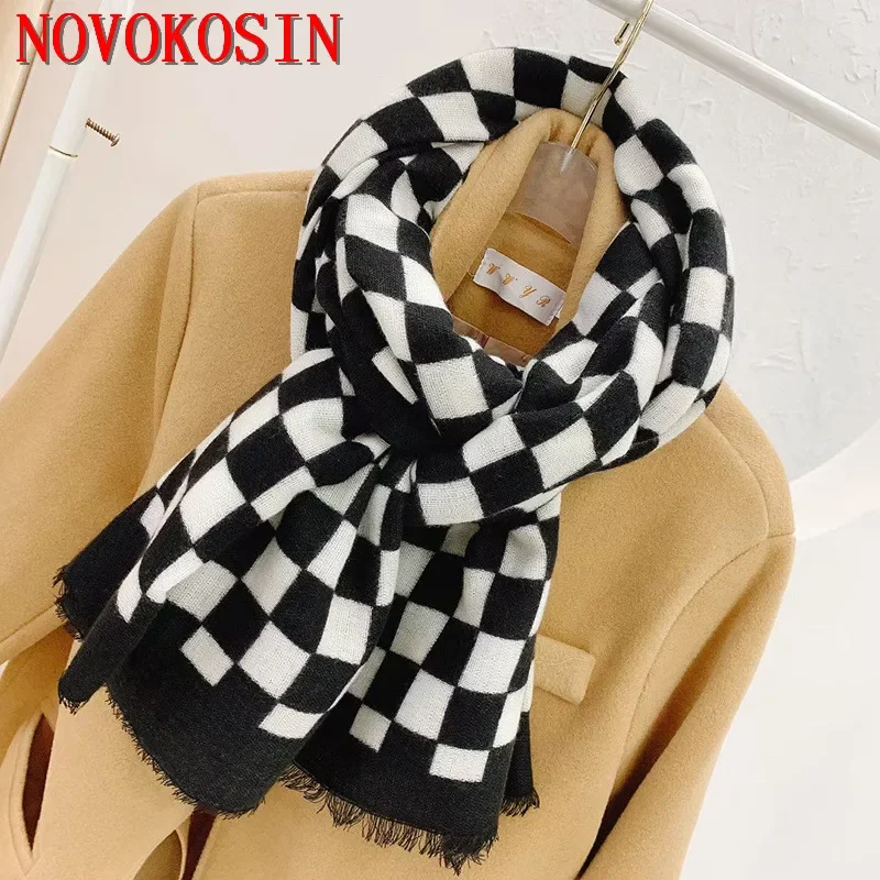 8 Colors 90*180cm Thick Faux Cashmere Plaid Scarf Women Autumn Winter Outstreet Letter Printed Shawl Warm Ring