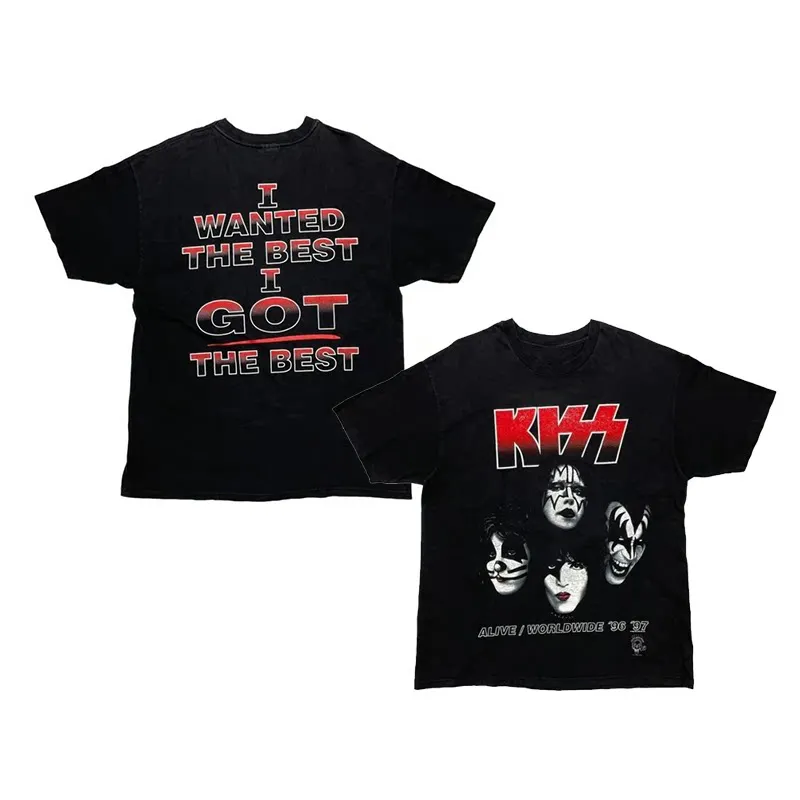 Camiseta de manga corta holgada de algodón puro estilo americano con estampado retro de la banda de hard rock nacional Kiss para verano