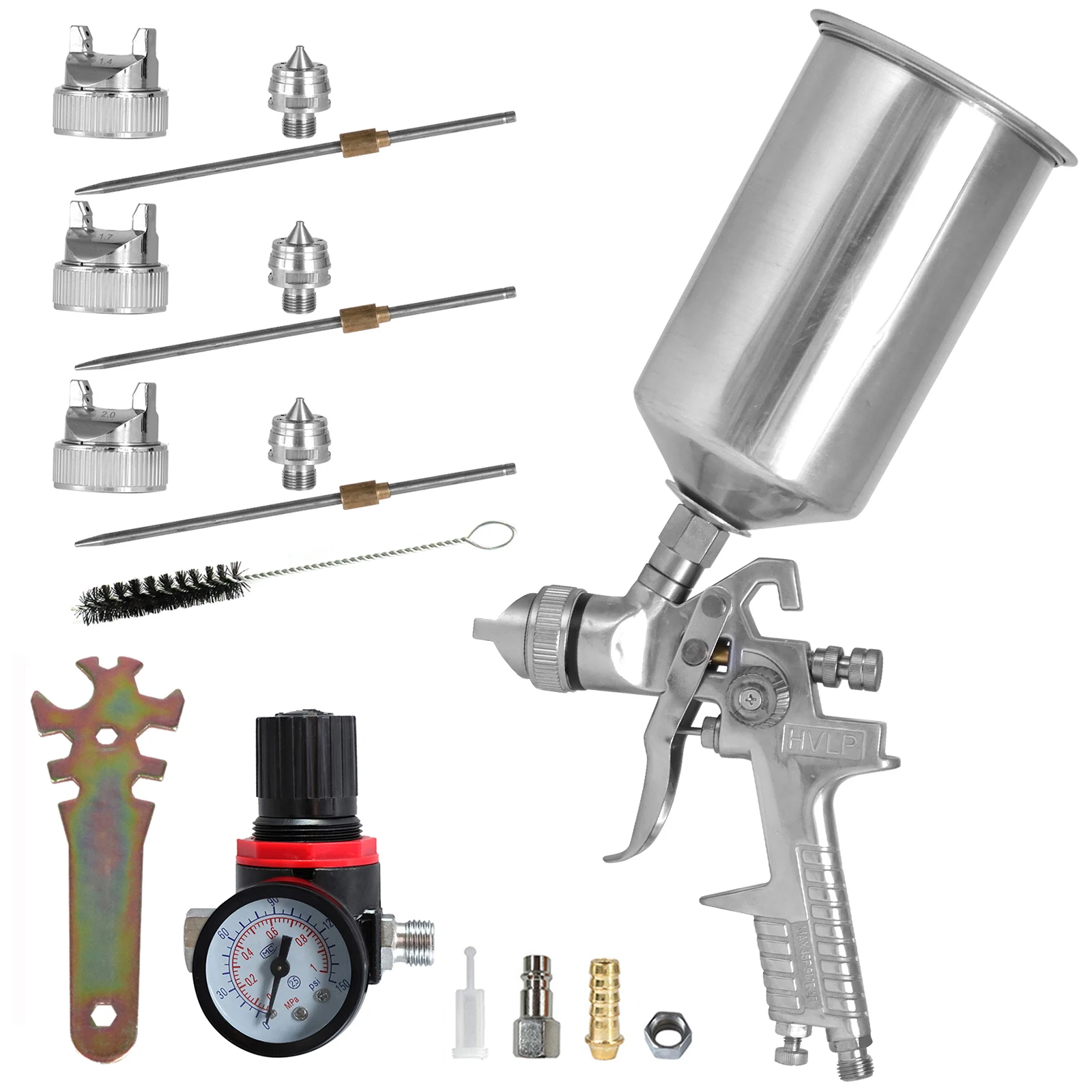 HVLP Spray Gun, Gravity Feed Paint Gun Auto Paint Air Spray Gun, 1000cc Aluminum Cup Multi-caliber Tips W/Air Regulator