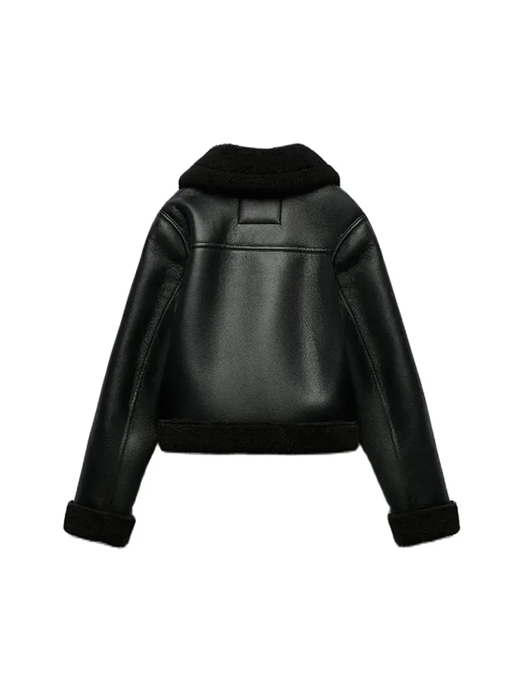 سترة طيار نسائية من الجلد الصناعي شتوية دافئة مبطنة بالفرو مع ياقة قصيرة وواسعة ومريحة للارتداء اليومي #2