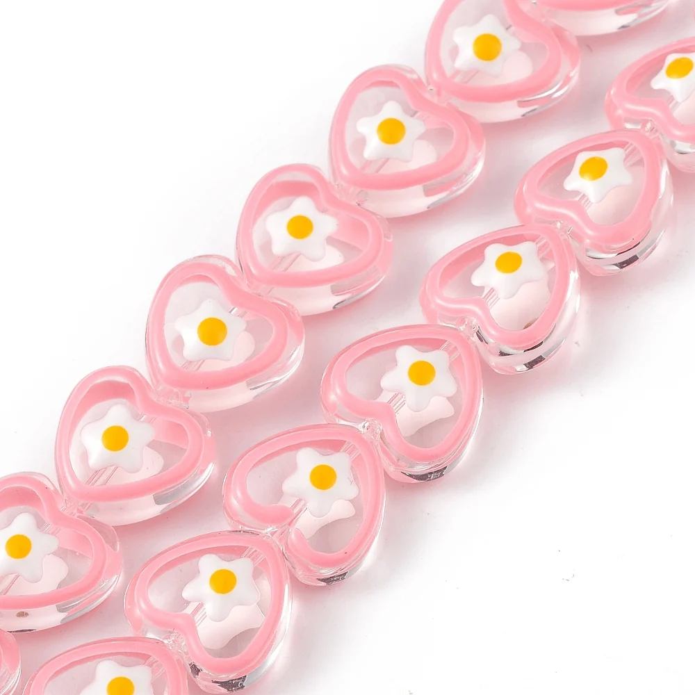 3 Strand Lampwork Beads Strands with Enamel Heart with Flower Pattern Pink For Making DIY Jewelry  Bracelet Necklace Earring