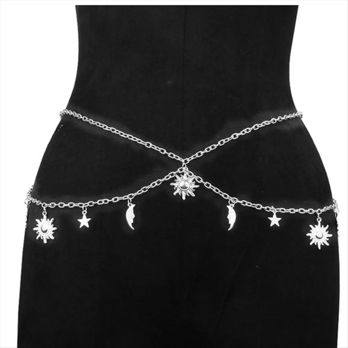 ABQR Cintura a catena in metallo, catena in vita, catena per il corpo in vita con stella lunare regolabile in argento da donna, per jeans eleganti e ragazze