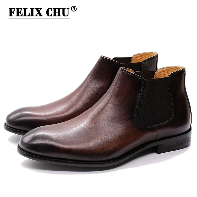 FELIX CHU Men's High Top Chelsea Boots Autumn Winter Genuine Leather Ankle Boots Brown Luxury Dress Shoes Basic Male Footwear