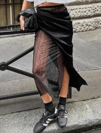 

Skirt for Women Black Sexy Spicy Girl Lace Patchwork Transparent Color Half Skirt 2025 Spring Summer Fashion New Women