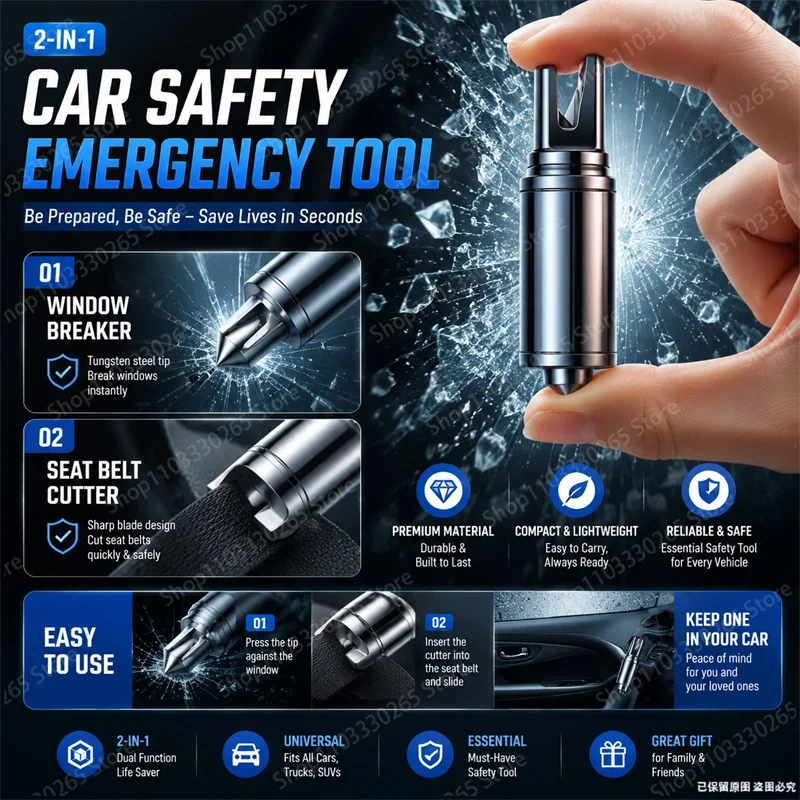 2 In 1 Car Emergency Safety Tool Tungsten Steel Window Breaker Hidden Blade Seat Belt Cutter Compact Vehicle Escape Gear