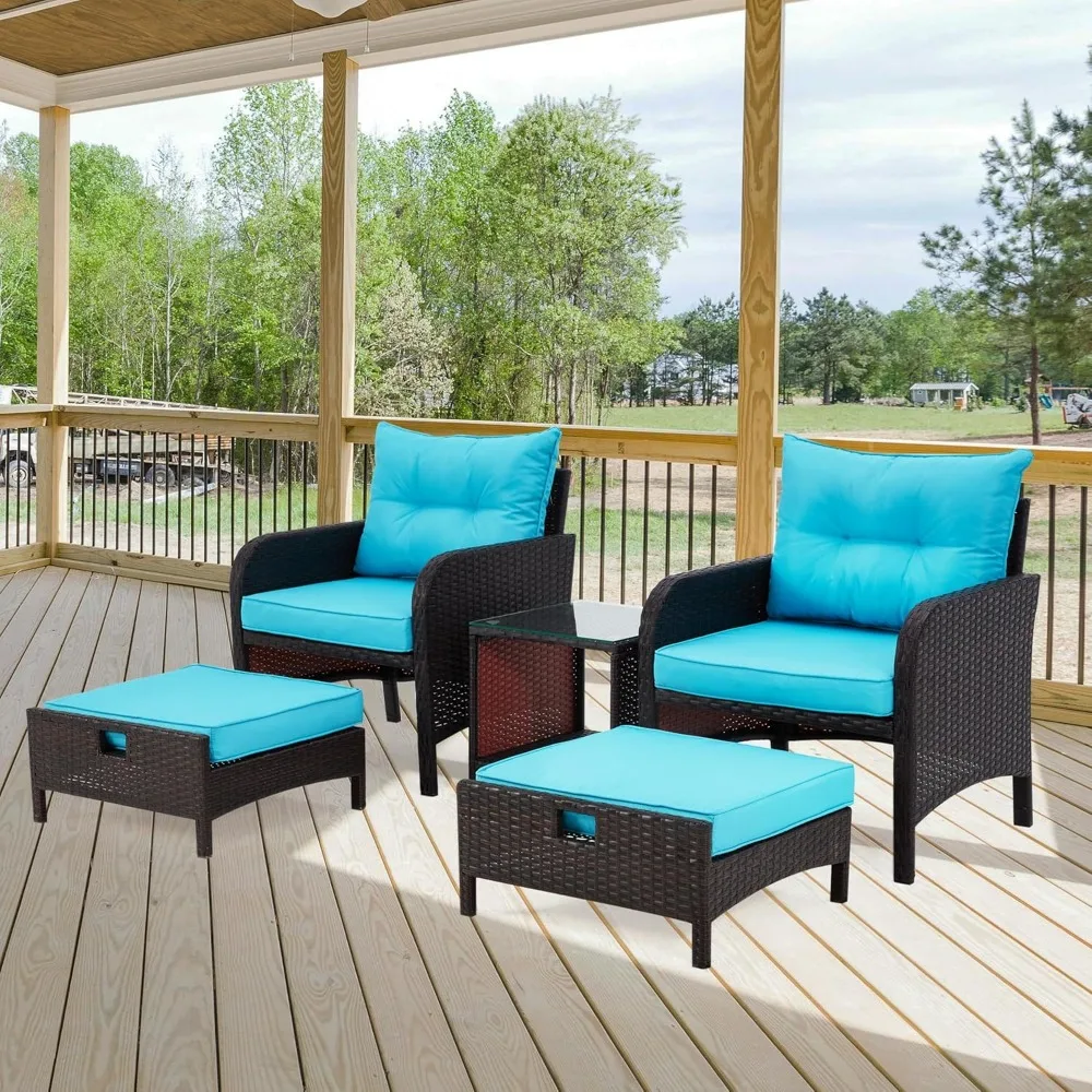 

5 Piece Balcony Furniture, All Weather PE Wicker Rattan Patio Furniture Set, Cushioned Patio Chairs Set of 2 w/Ottoman