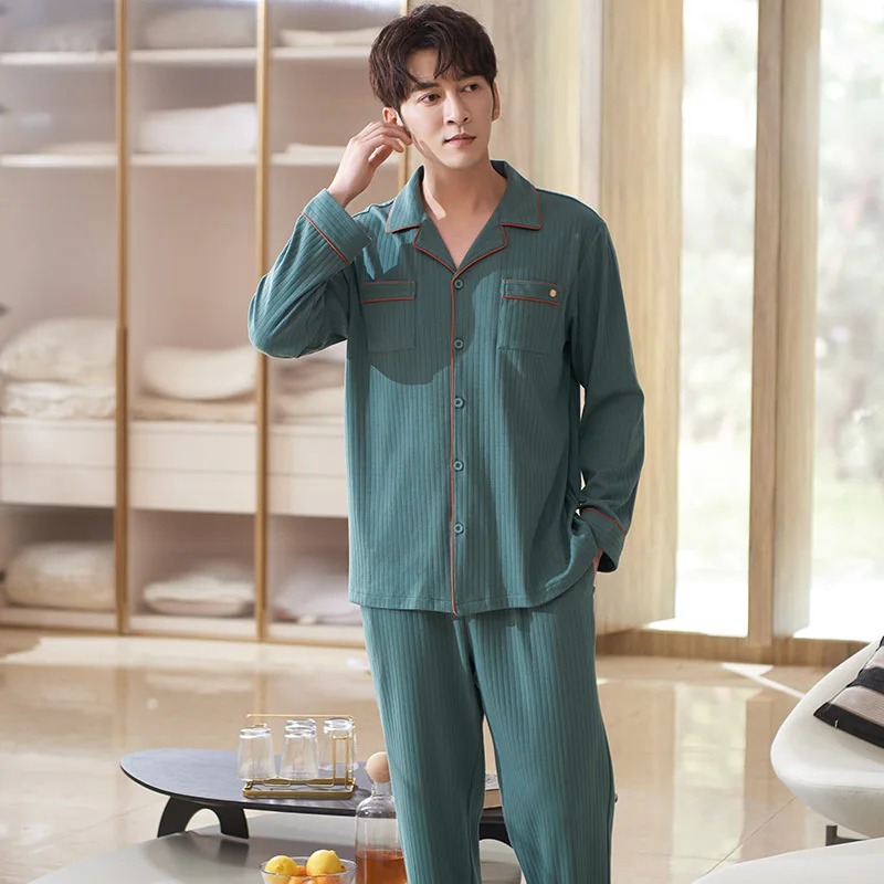 New Autumn Pajama Set Male Full Cotton Sleepwear Solid Home Clothing Long Sleeves Spring Cardigan Leisure Pyjamas Suit 3XL