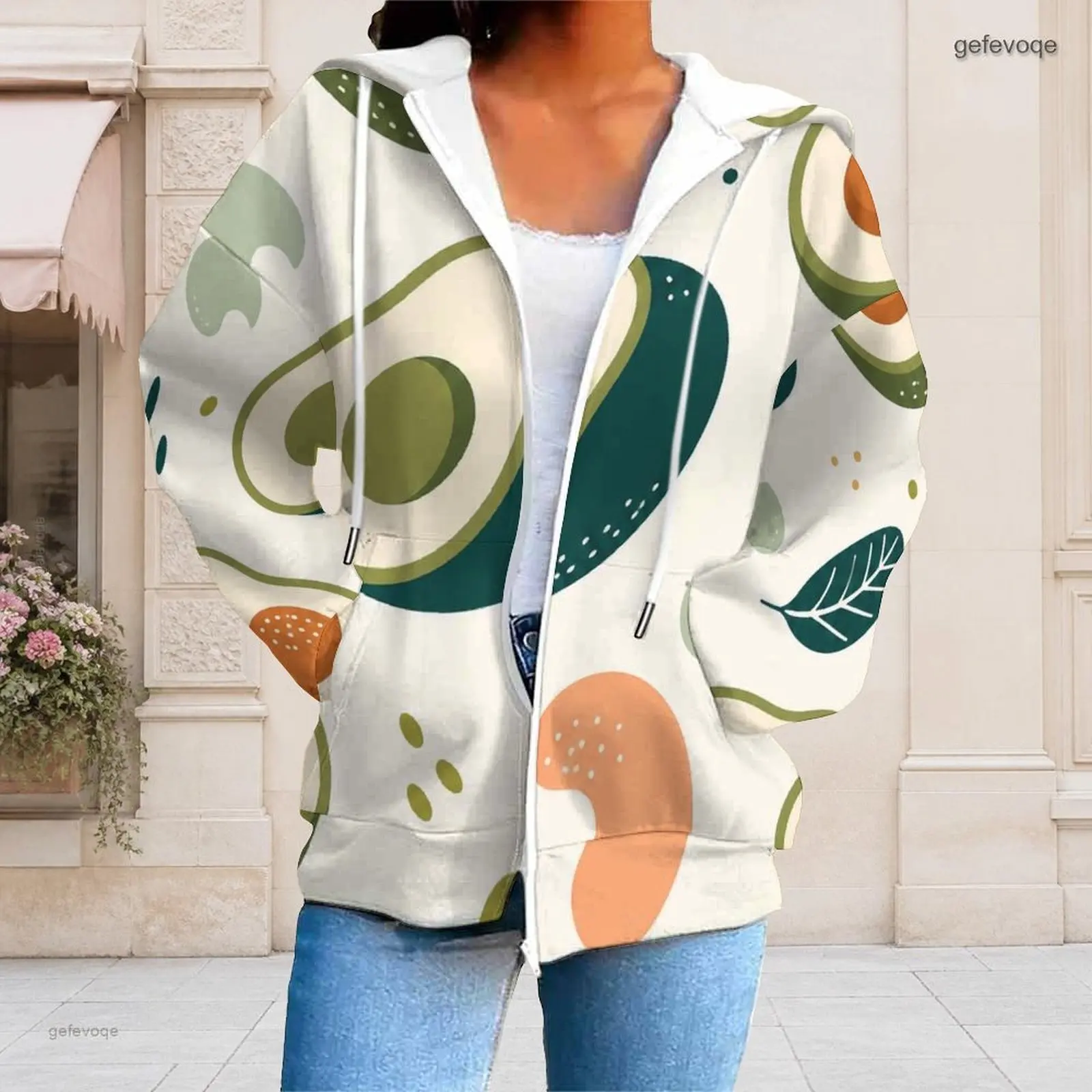 Women Cream Abstract Leaf Organic Print Zip Up Long Sleeve Hoodie with Drawstring Hood Pockets