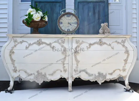 French retro engraved 6 chest cabinets, cabinets American country engraved TV cabinets antique white and old
