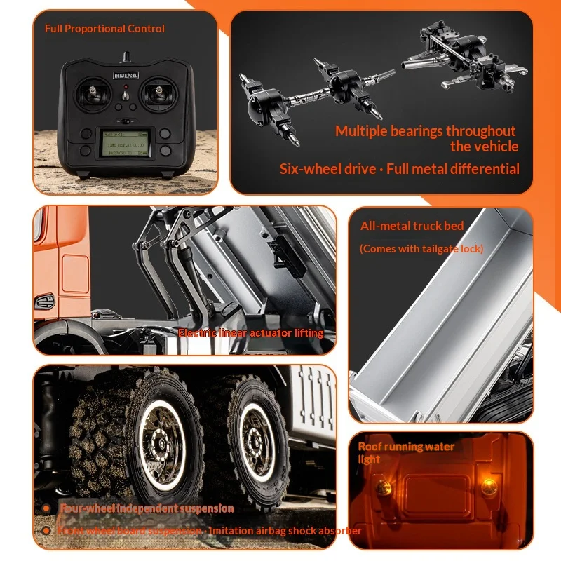 Huina 1:14 14 Channel Remote Control Alloy Dump Truck Long Range Flexible Control Sound Light 6WD All Metal Differential Model