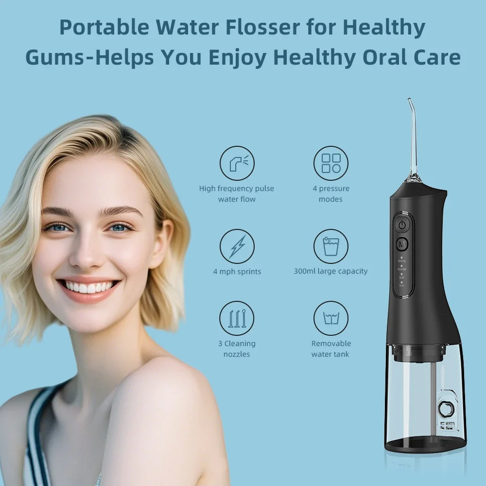 ホットセール中！携帯用充電式ウォーターフロッサー、歯の洗浄に最適。300mlタンク、4つのモード、4種類の交換可能なノズル付き。