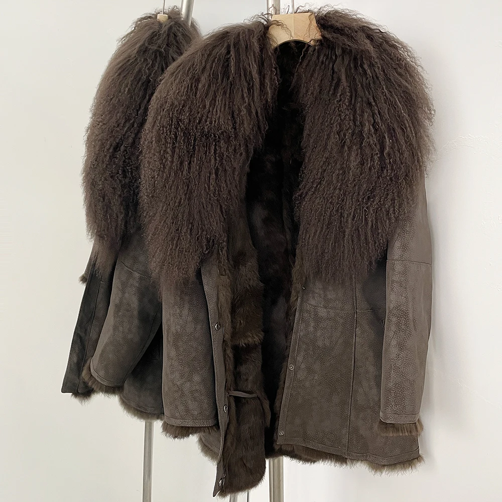 リアルファー ジャケット 女性用 スエード 秋冬 本物のモンゴル羊毛襟 ファーコート レディース ラビットファー裏地 長袖 ファートリム