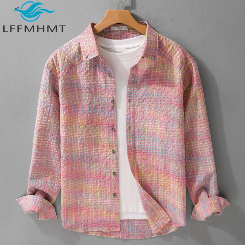 

3132 Japan Style Fresh Bubble Texture Plaided Shirt for Men Spring Fall Fashion Long Sleeve Slim Relax Fit Casual Blouse Tops