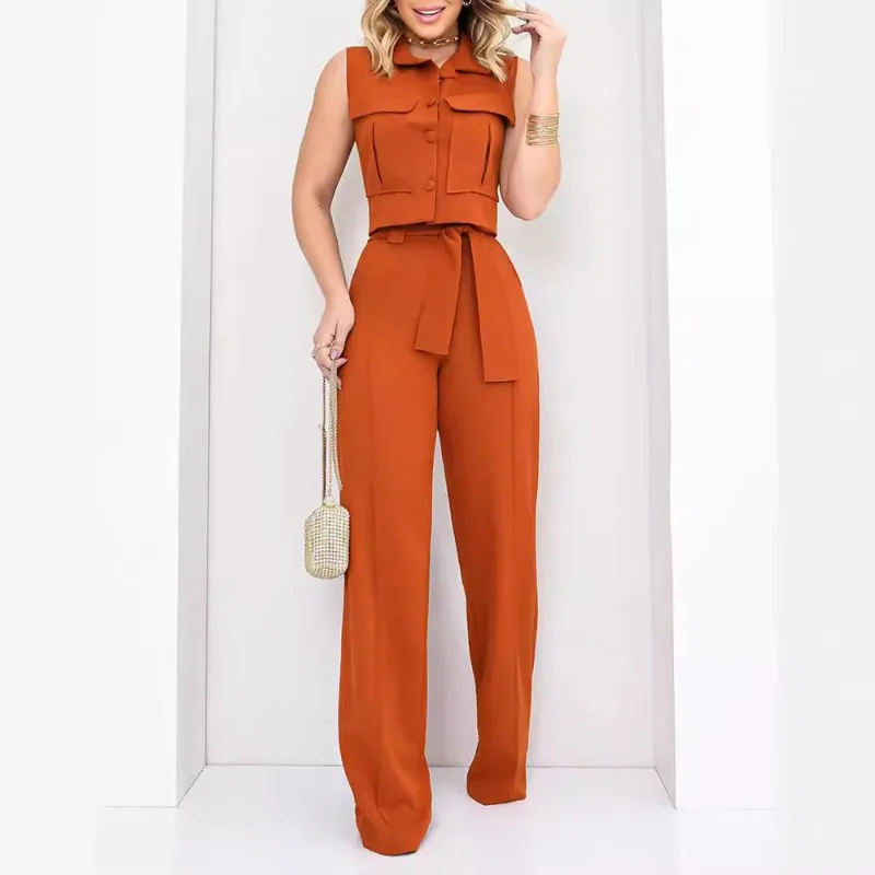 2024 Spring Summer New Women's Clothing Solid Color I-Shaped Pocket Vest Straight Tailor Blouse Pants Suit