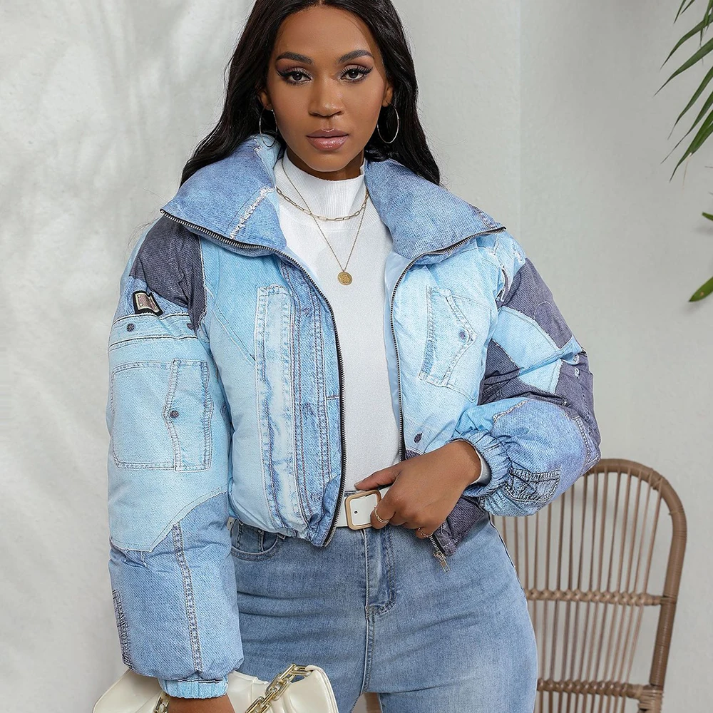 Denim Print Puffer Jacket Women Thick Stand Collar Zipper Cropped Cotton Coats Winter Chic Ladies Outerwear Patchwork Parkas