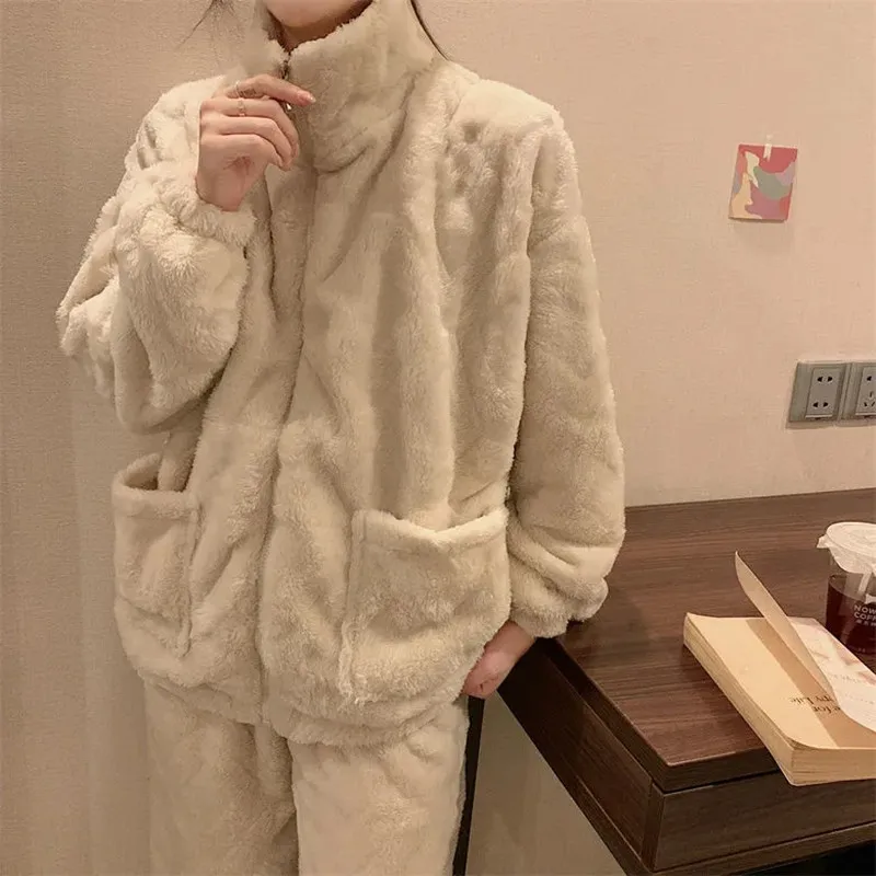 Winter Warm Flannel Women Pajamas Set Homewear Thick Female Sleepwear Plush Pyjamas Suit Solid Color Fleece Nightwear