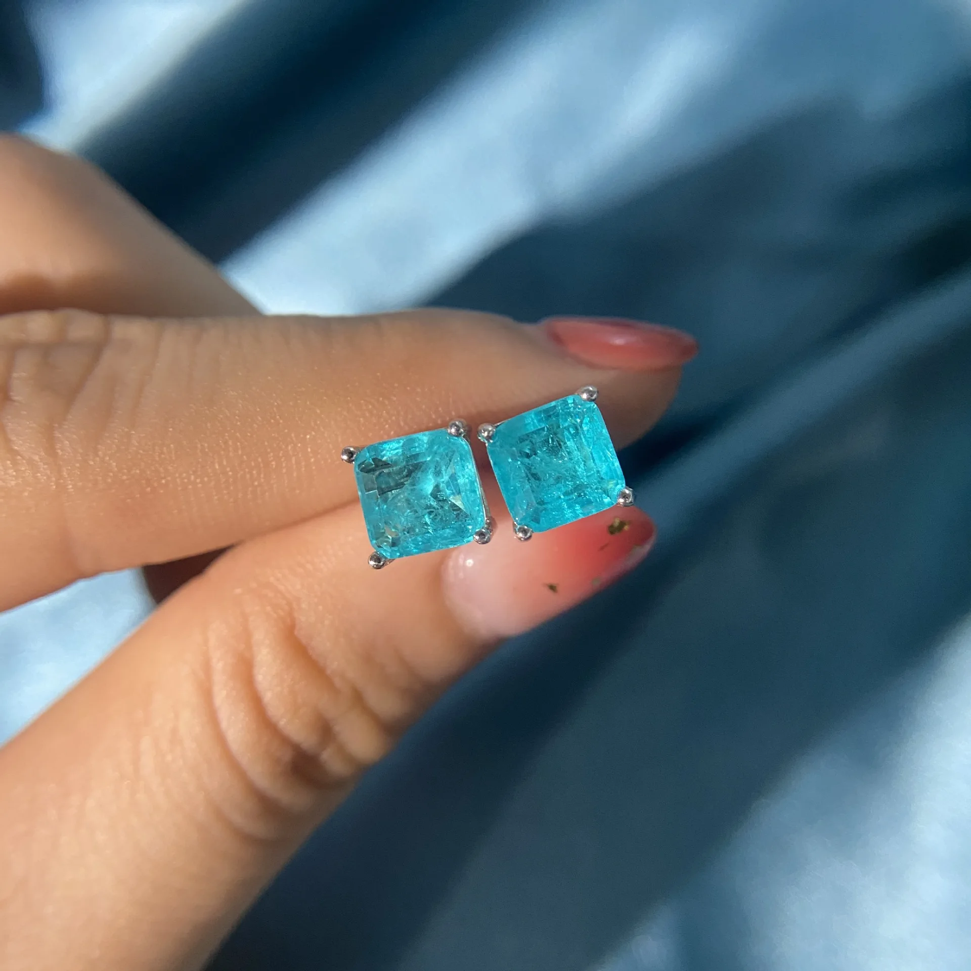 Vintage 100% 925 Sterling Silver Paraiba Tourmaline Gemstone Birthstone Earring Studs Earrings Ladies Fine Jewelry Wholesale
