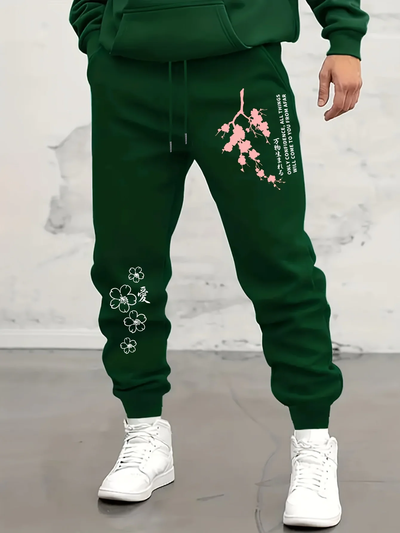 Cherry blossom branch oriental love character multilingual quote graphic print sweatpants men hip hop sports jogger trousers