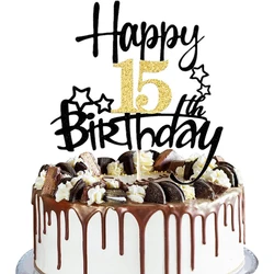 2PCS Gold Black Happy15th Birthday Cake Topper for  Birthday Cake Decorations for Anniversary Party Decorations Supplies