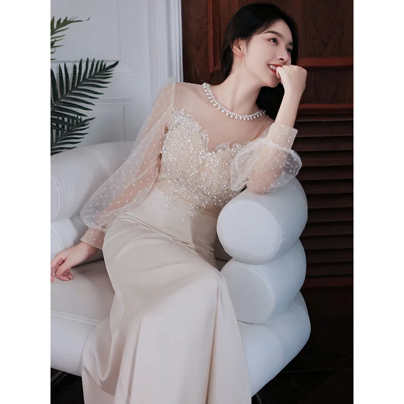 Elegant Champagne Formal Long Mermaid Evening Dress Luxury Women Exquisite Sequins Beads Prom Party Dresses