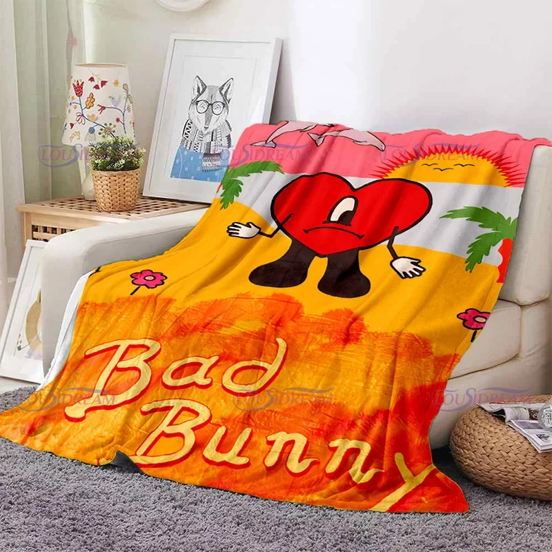 Cartoon Bad Bunny Blanket Flannel Blankets Pop Latin Music Warm Plush Fleece Throw Blankets for Aldult Sofa Bedding All Season