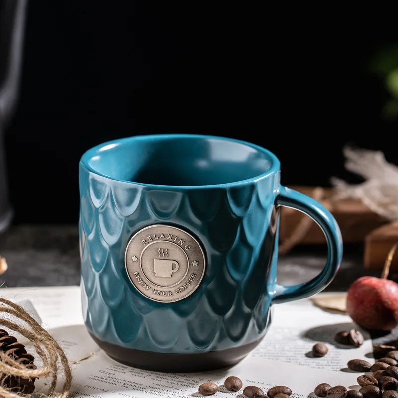 Nordic Custom Copper Logo Print Ceramic Cup Relief Fish Matt Hammered Mule Inlaid Unique Coffee Bronze Seal Porcelain Mug Gift