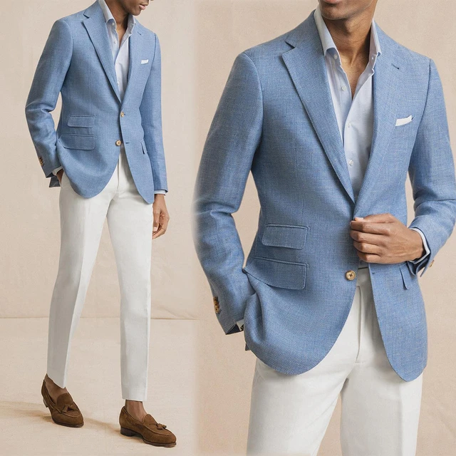 Light blue blazer white pants hotsell