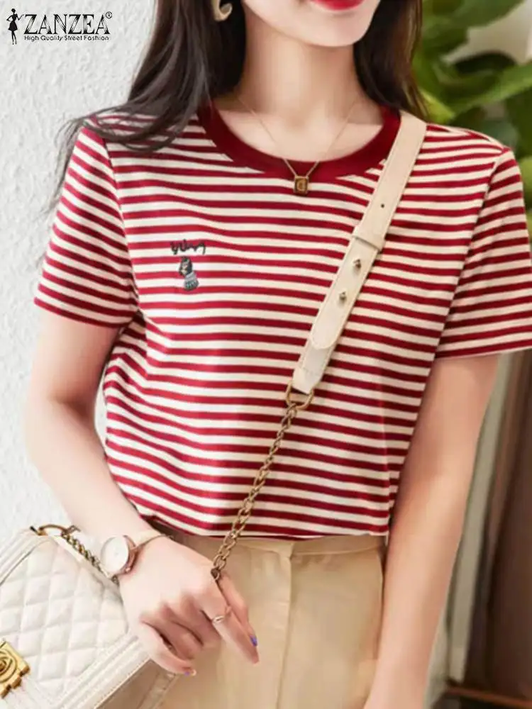 

Блузка ZANZEA женская с коротким рукавом, Элегантная туника в полоску, повседневный Свободный Топ с круглым вырезом, на лето