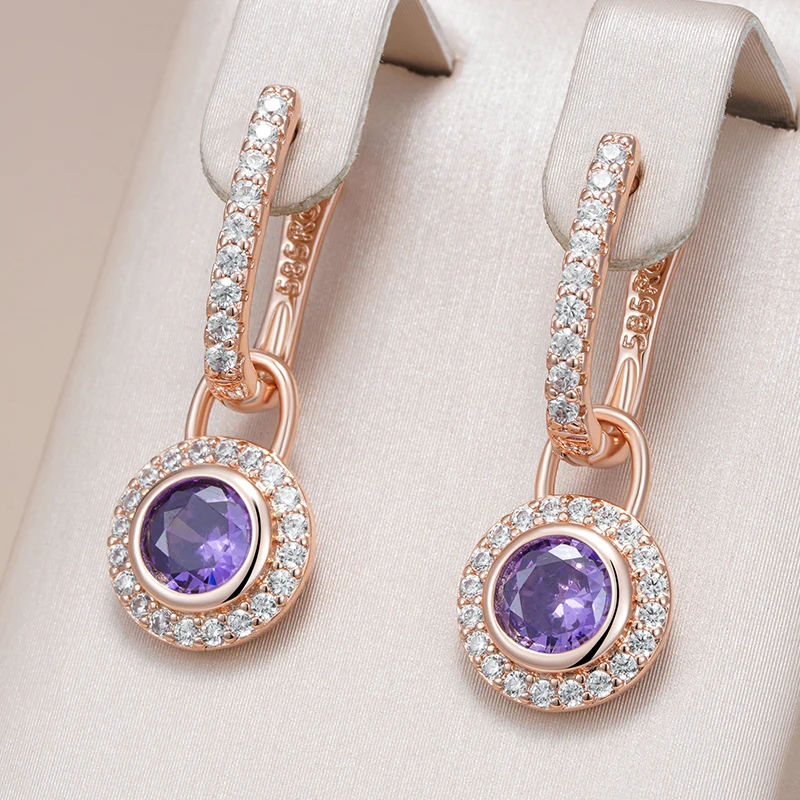Kinel Sparkling Purple Round Natural Zircon Drop Earrings for Women Fashion 585 Rose Gold Color Vintage Party Daily Jewelry
