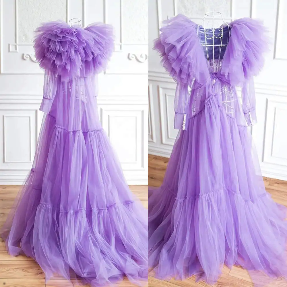 

Chic Ruffle Evening Dresses For Women Pregnancy Bathgown Maternity Long Sleeves Tulle Robe for Photo Shoot