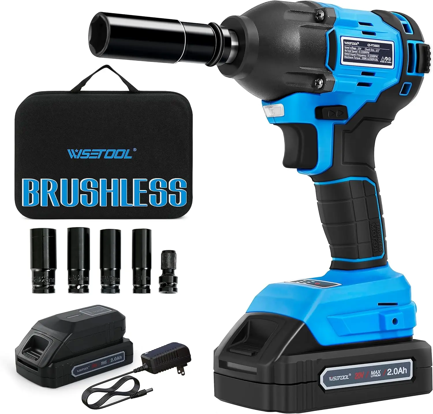 

Brushless Power Impact Wrench Set for Car Tires,Max Torque 260 ft-lbs,2.0A Li-ion Battery