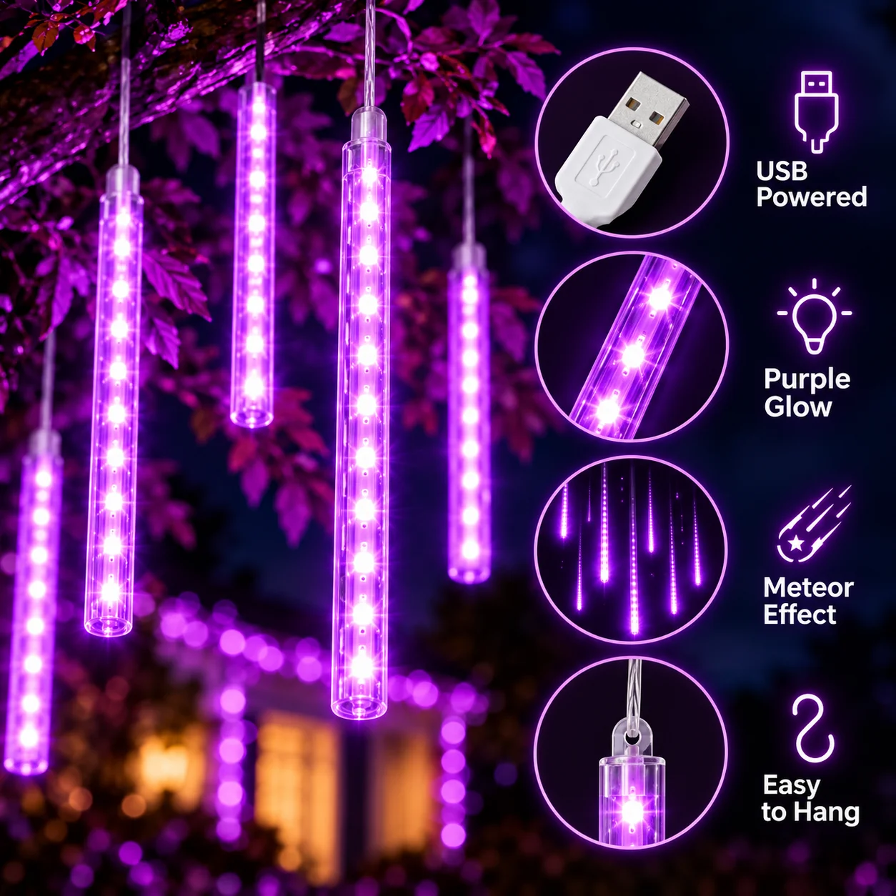 LED String Lights Meteor Shower Falling Rain Tube Lights USB Powered Warm White Purple for Garden Patio Yard Halloween Decor