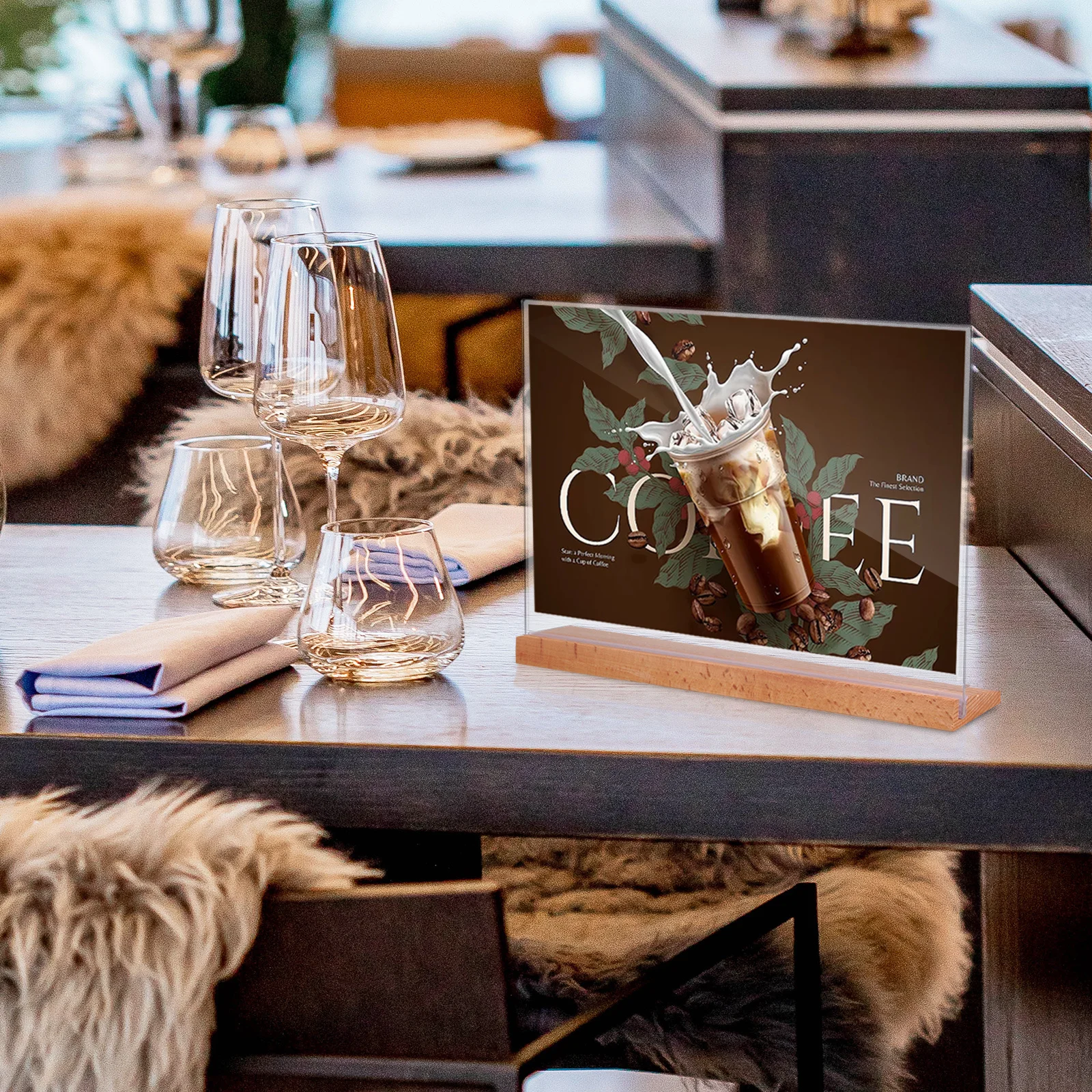 

2Pcs Acrylic Display Stands Clear Table Sign Holders Transparent Menu Stands Wooden Base Price Tags Document Brochure Card