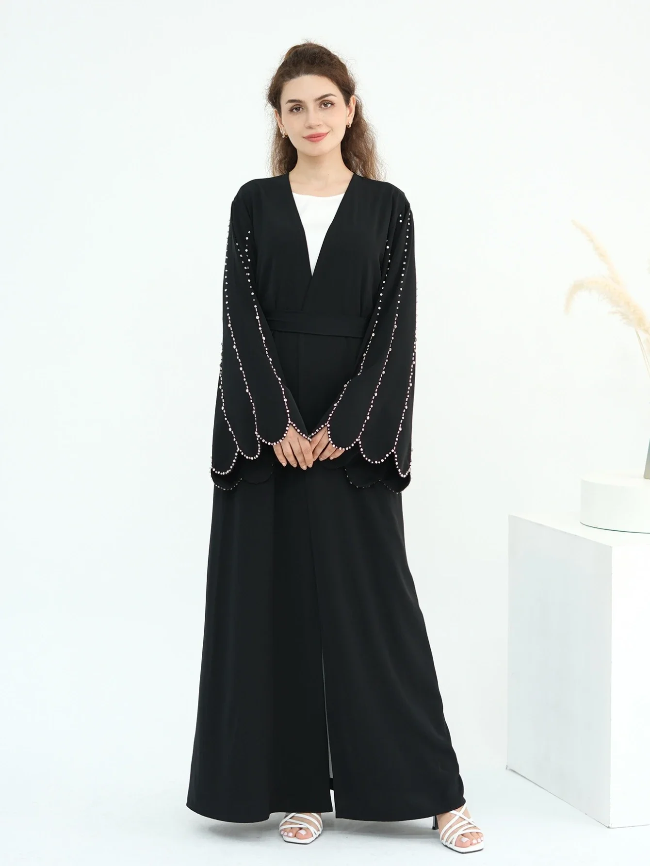 Eid Women Abaya Diamond Beading Sleeve Cardigan Dress Muslim Jalabiya Ramadan Islam Party Arab Long Robe Morocco Dubai Kaftan