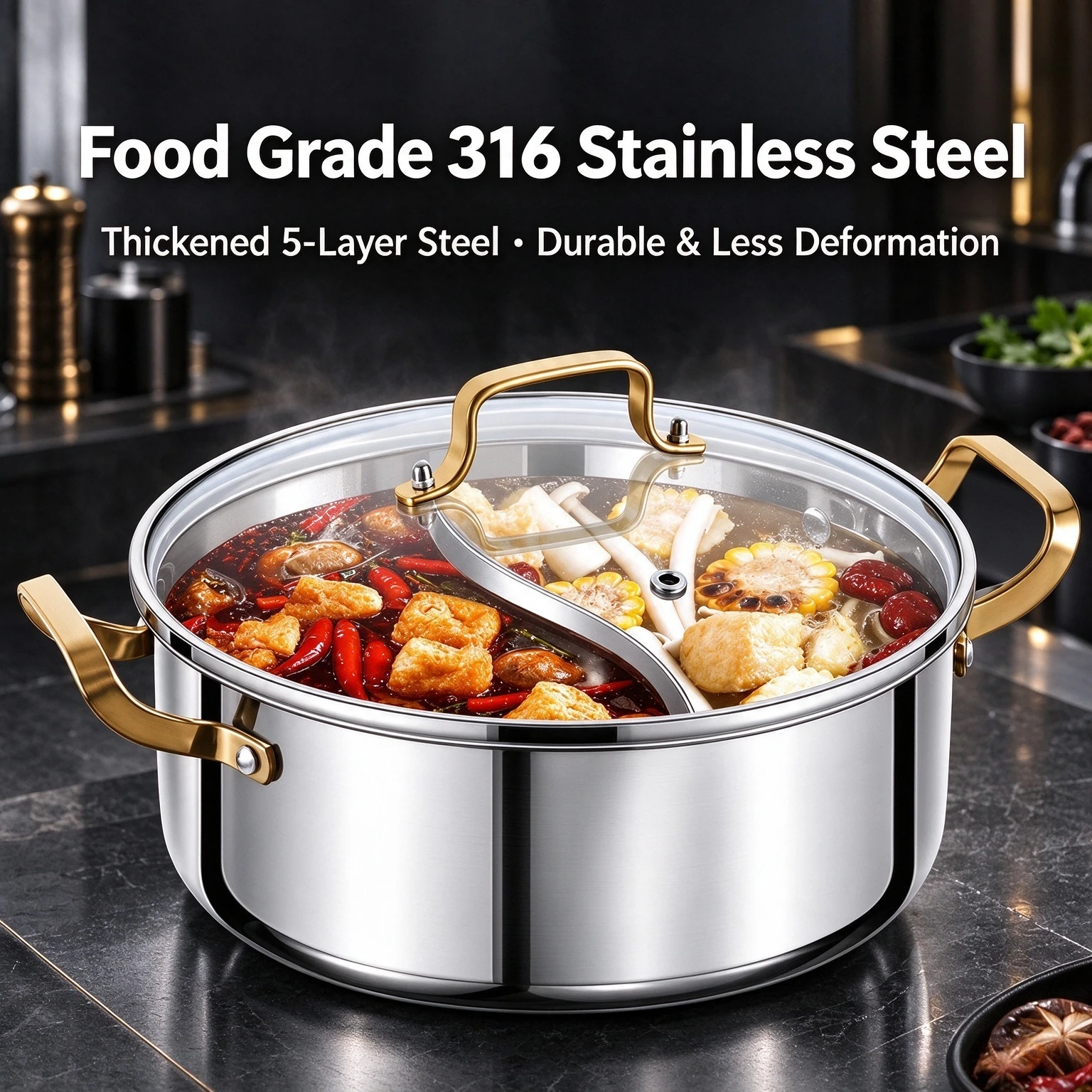 316 Stainless Steel Divided Hot Pot, Double Flavor Yin Yang Soup Pot with Glass Lid for Induction Cooker