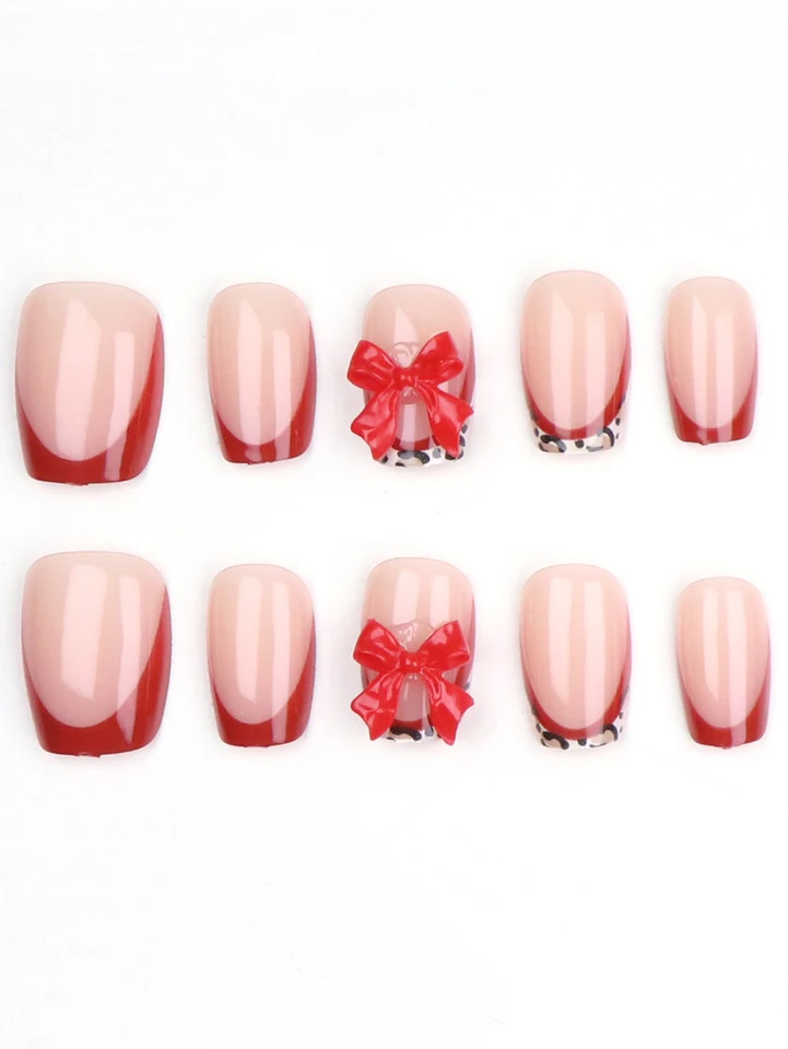 10 piezas de uñas postizas cortas con moño rojo, cubierta completa, incluye lima y pegamento 3