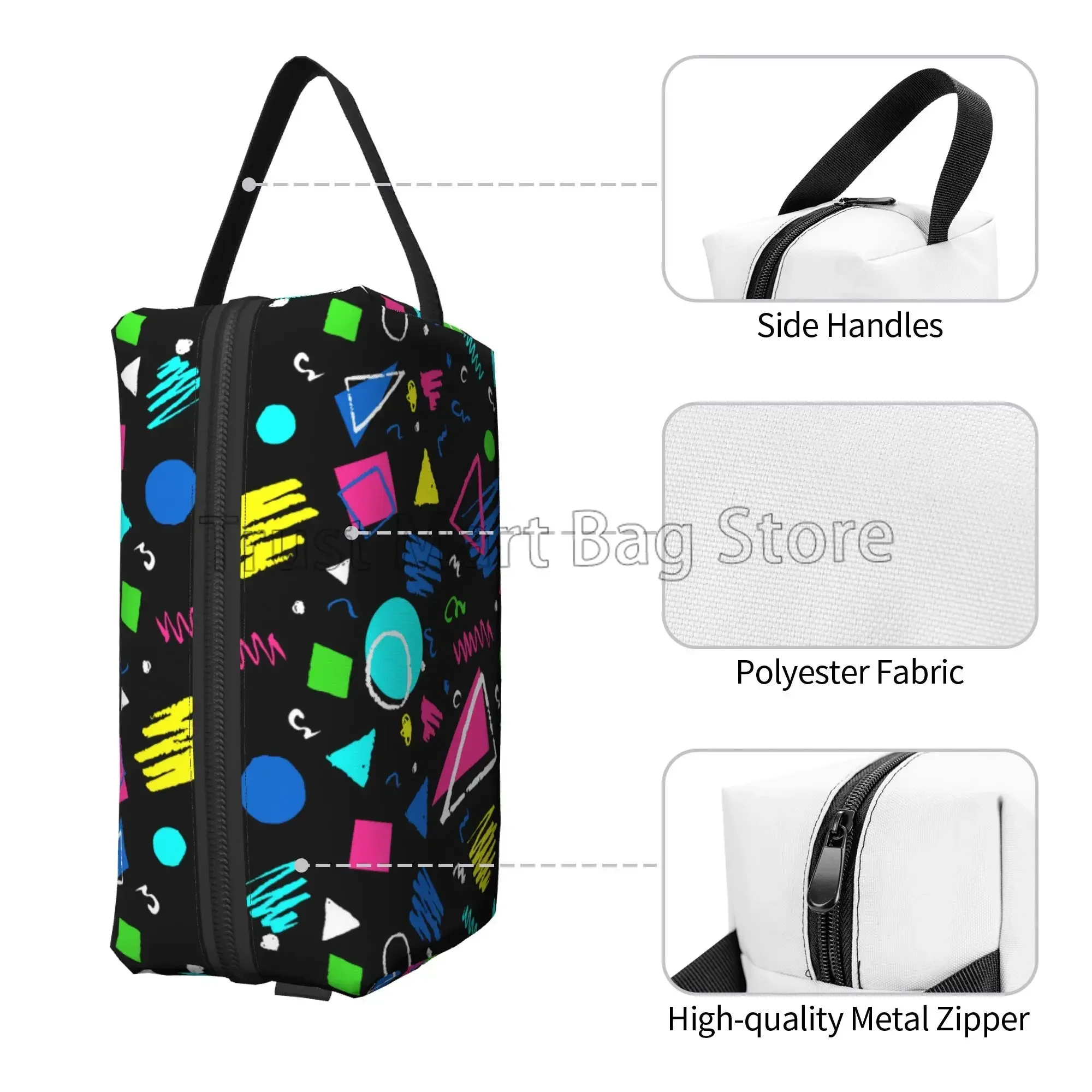 Retro 80s 90s Icons Geometric Print Makeup Bag Travel Cosmetic Bag Portable Toiletry Bag Organizer Pouch with Zipper and Handle