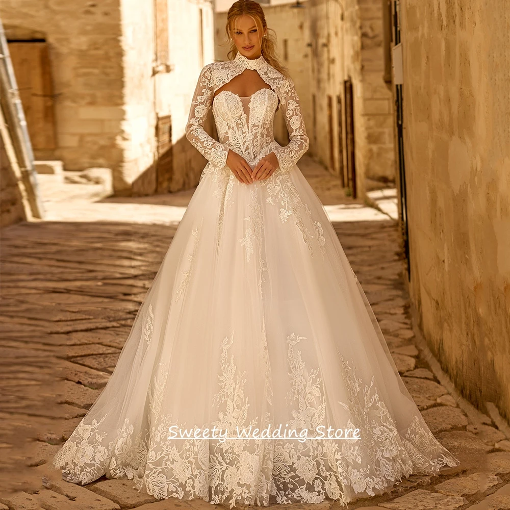 Customized Corset Wedding Dress with Long Sleeves Bolero jacket Sweetheart See Through Sweep Train A Line Bridal Gown