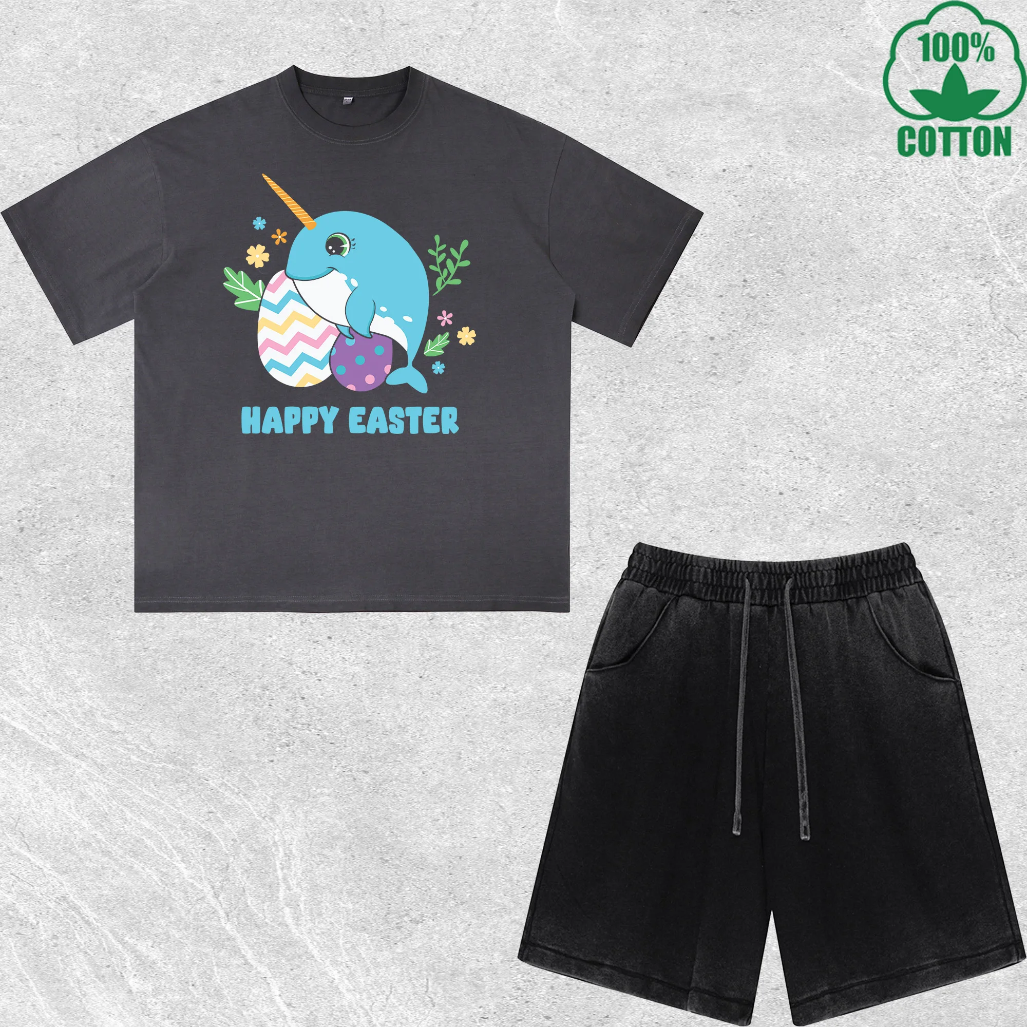 

Chibi Easter Cute Narwhal Printed Dirty Wash T-Shirt Shorts Set Multicolor Combo Loose Trendy Fashionable 100%Cotton