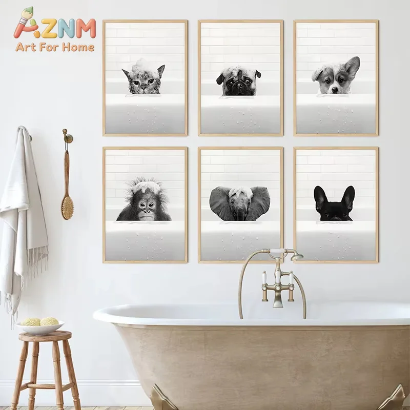 New Arrival Black White Animals In Tub Bathroom Wall Art Canvas Painting Posters and Prints Wall Pictur for Room Decor