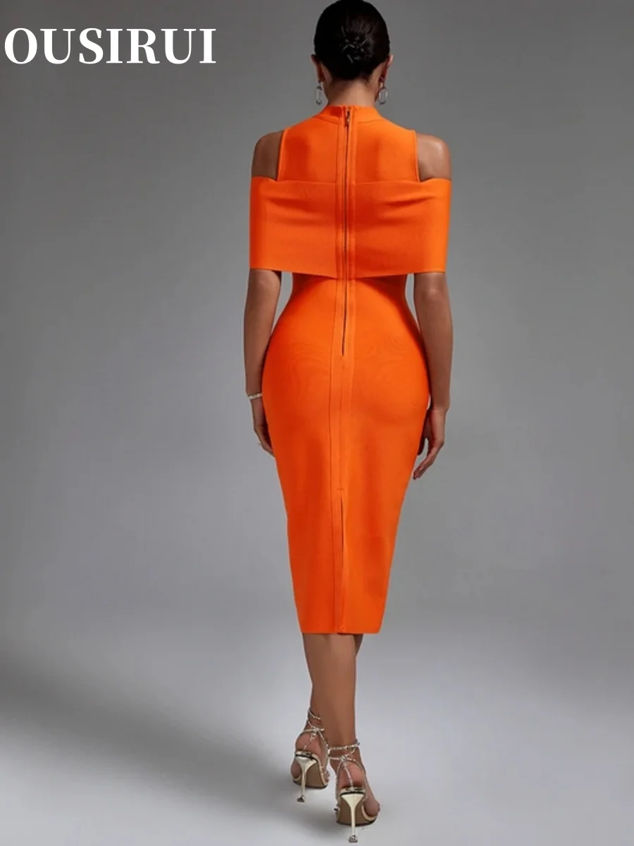 Robe de Soirée à Bandes Orange pour Femme, Tenue Midi Élégante, Sexy, Anniversaire, Boîte de Nuit, Nouvelle Collection Été 2024