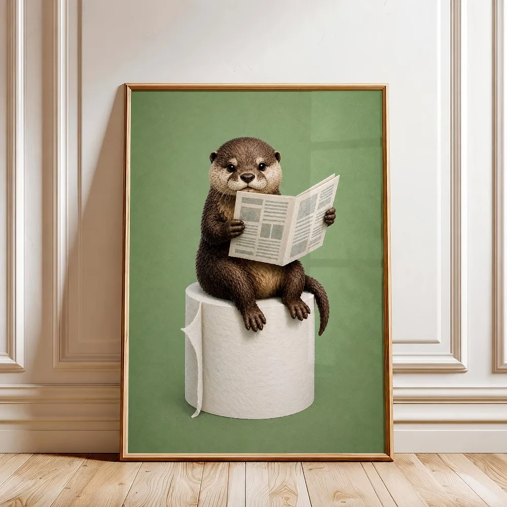 Frameless,Interesting Otter Bathroom Toilet Theme Poster Print,Wall Art Canvas Paintings,Living Room Kitchen Bathroom Wall Decor