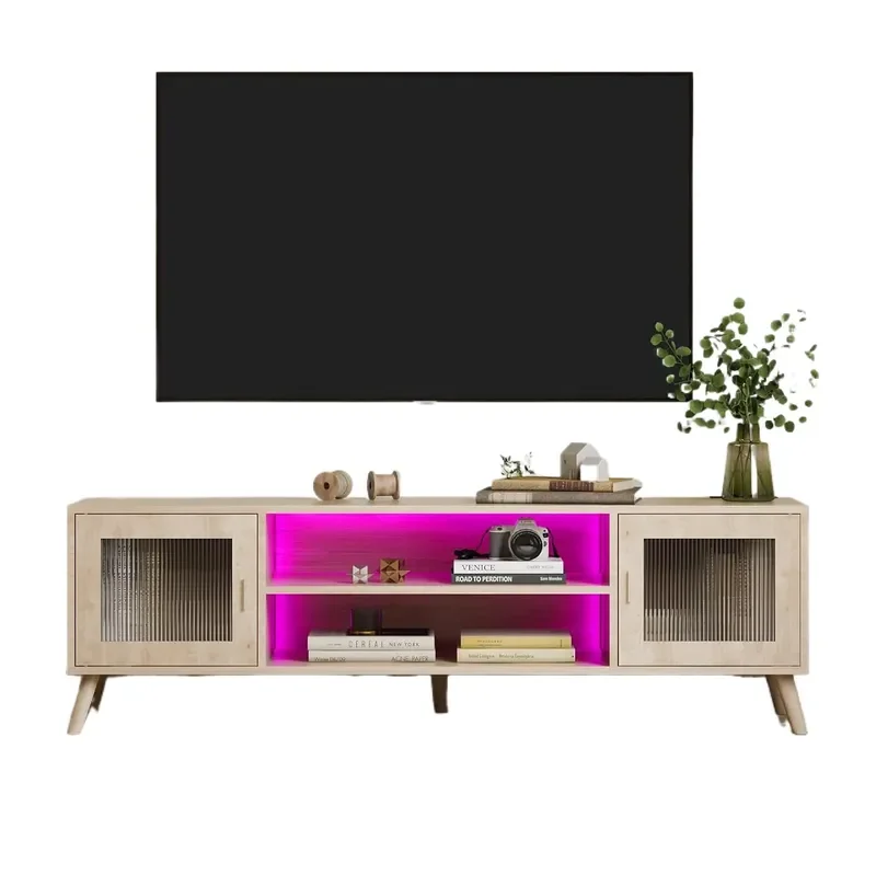 Modern TV Cabinet with RGB Remote Control Color Changing LED Light Power Socket Storage Solid Wood Legs for Home Living Room