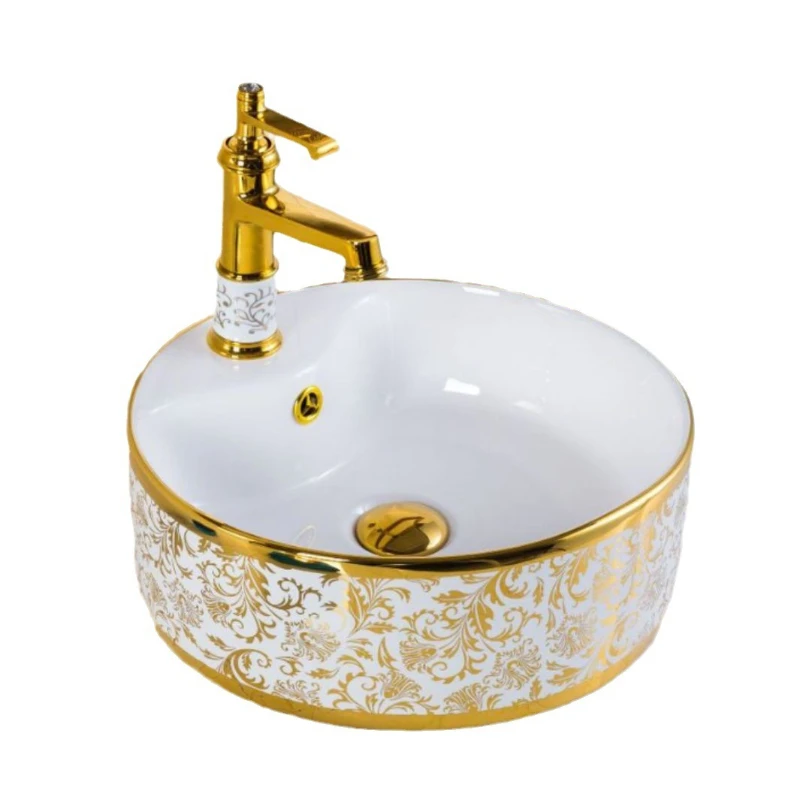 

Electroplating table basin, golden phoenix tail art basin, ceramic hand wash, round face wash with faucet hole